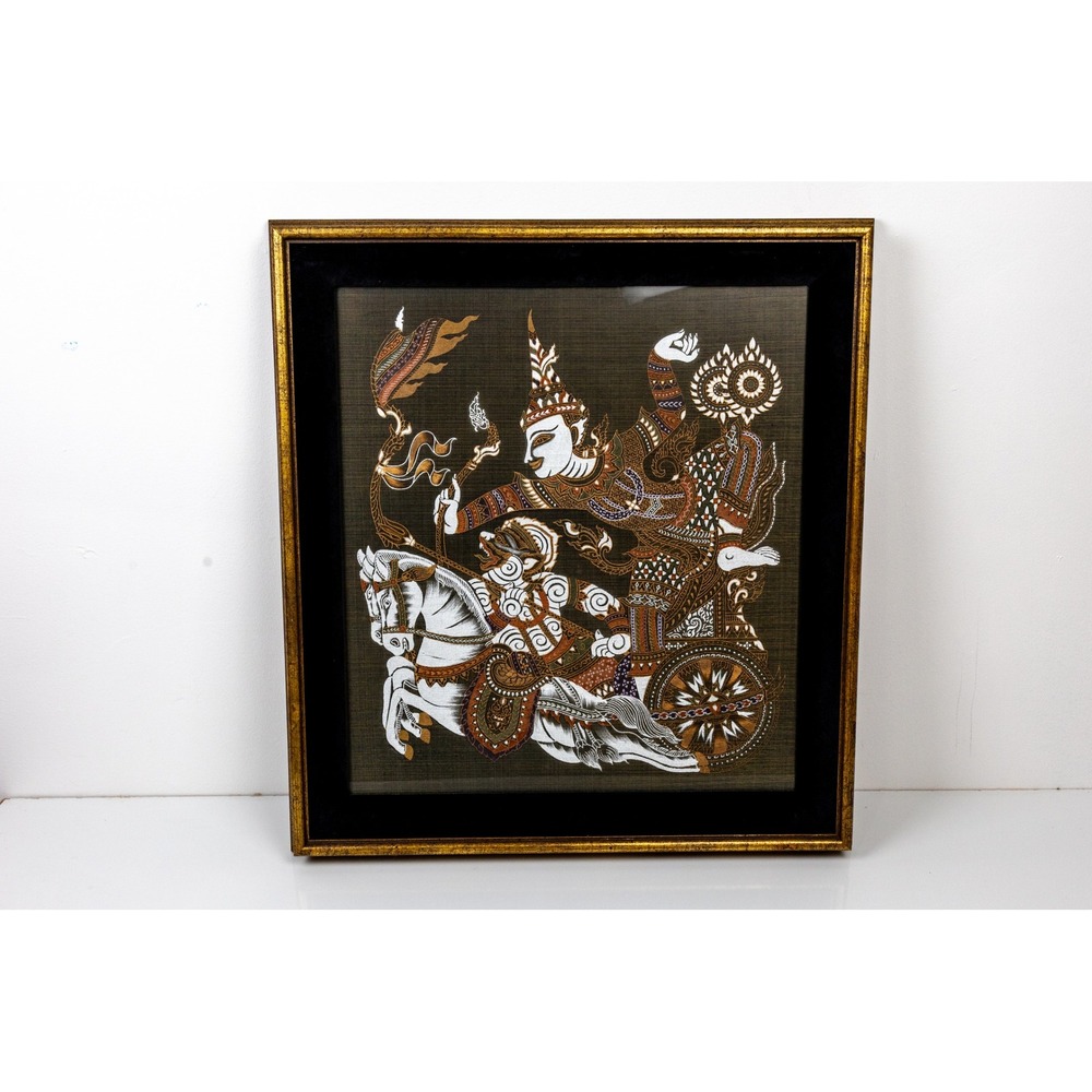 Vintage Thai Silk Painting Ramayana Mythological Framed Velvet Mat Traditional